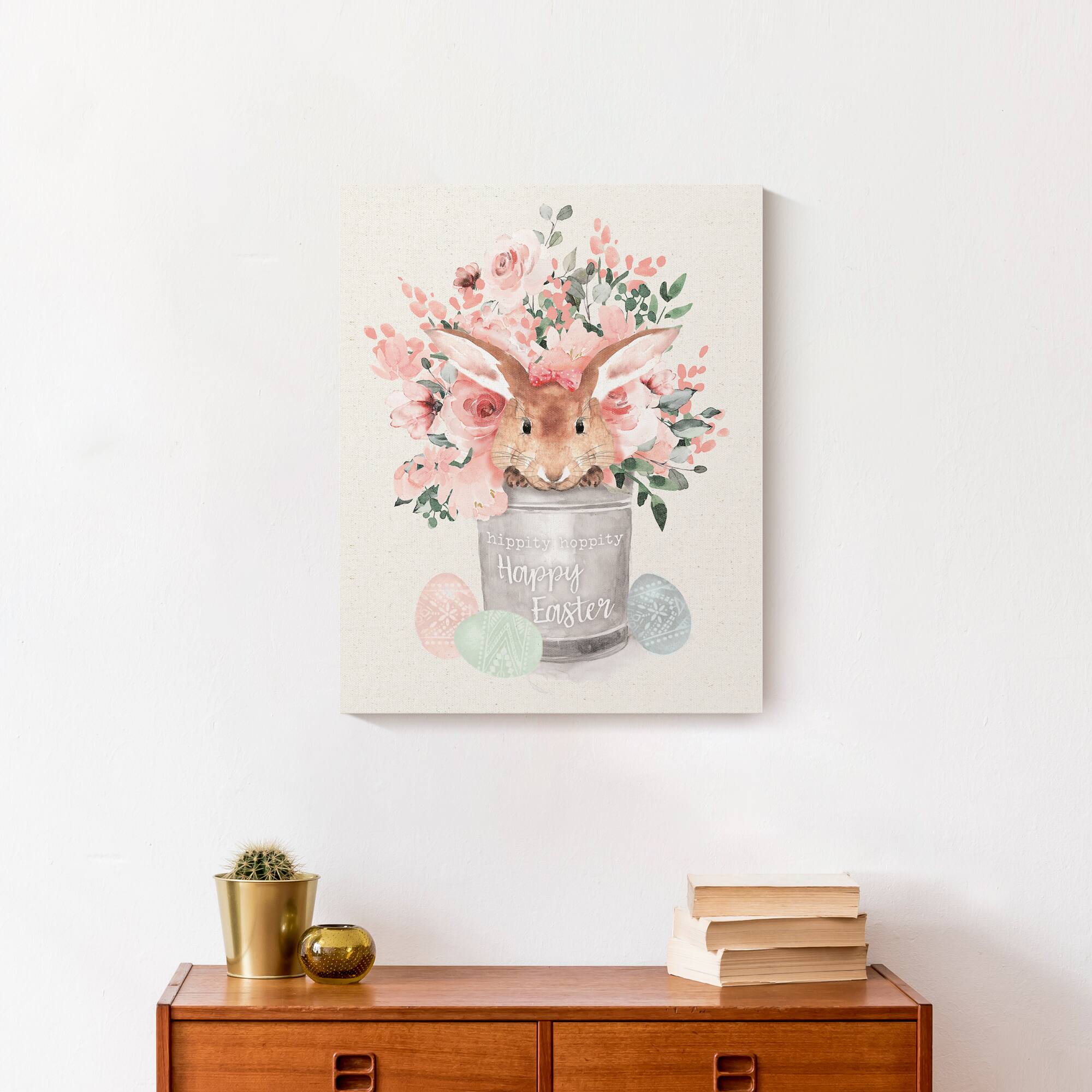 Easter Bunny Floral Bucket 16" x 20" Canvas Wall Art